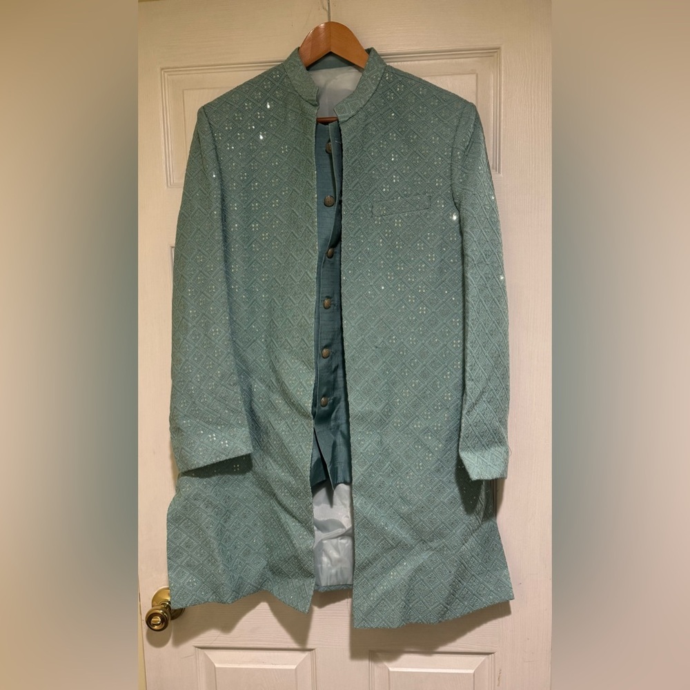 Men's Green Embroidered Raw Silk Indian Suit